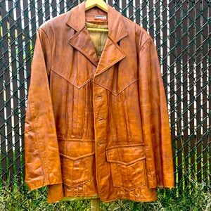 Men’s Leather Blazer Tan Light Brown Vintage Style Button Jacket